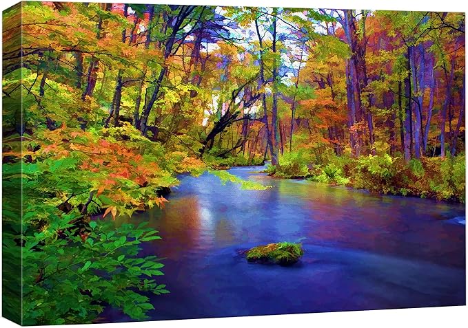 wall26 Canvas Print Wall Art Multicolor Autumn Forest with Blue River Floral Nature Illustrations Realism Bohemian Scenic Relax/Calm Cool for Living Room, Bedroom, Office - 12"x18"
