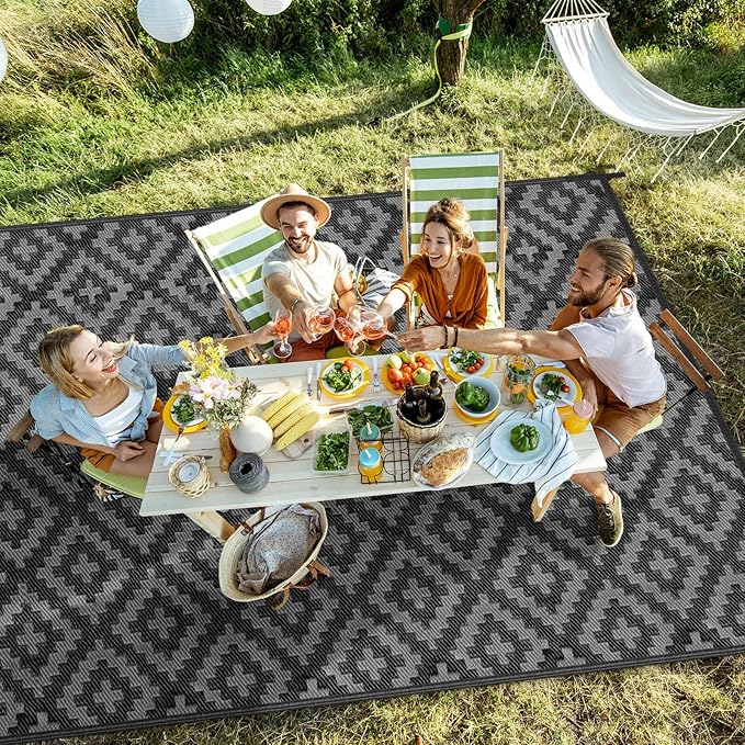 Outdoor Patio Plastic Straw Rug - 9'x12' Outdoor Camping Rug Waterproof Reversible, Area Carpet Patios Clearance RV, Outside Porch Balcony Deck for Camper, Black & Grey
