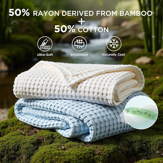 Bedsure Cooling Cotton Waffle King Size Blanket - Lightweight Breathable Blanket of Rayon Derived from Bamboo for Hot Sleepers, Luxury Throws for Bed, Couch and Sofa, Blue, 104x90 Inches
