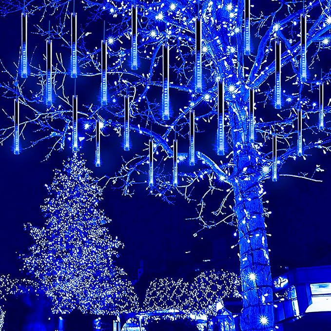 Kwaiffeo Blue Icicle Christmas Lights Outdoor, 16 Tubes(Equivalent to 2 Sets of 8-Tubes) LED Meteor Shower Lights for Xmas Halloween Decor Yard Lawn, Outdoor Lighted Christmas-Themed Ornaments