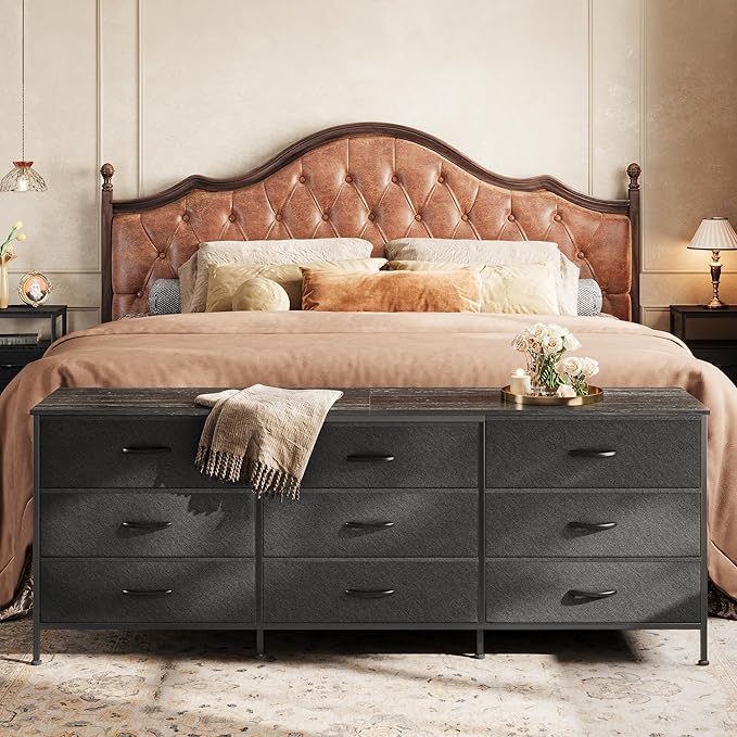 Huuger 63 Inch Dresser for Bedroom, Dresser for Closet with 9 Drawers, Large TV Stand for 55, 65, 70 Inch TV, Entertainment Center with Storage, Wide Long Chest of Drawers, Black
