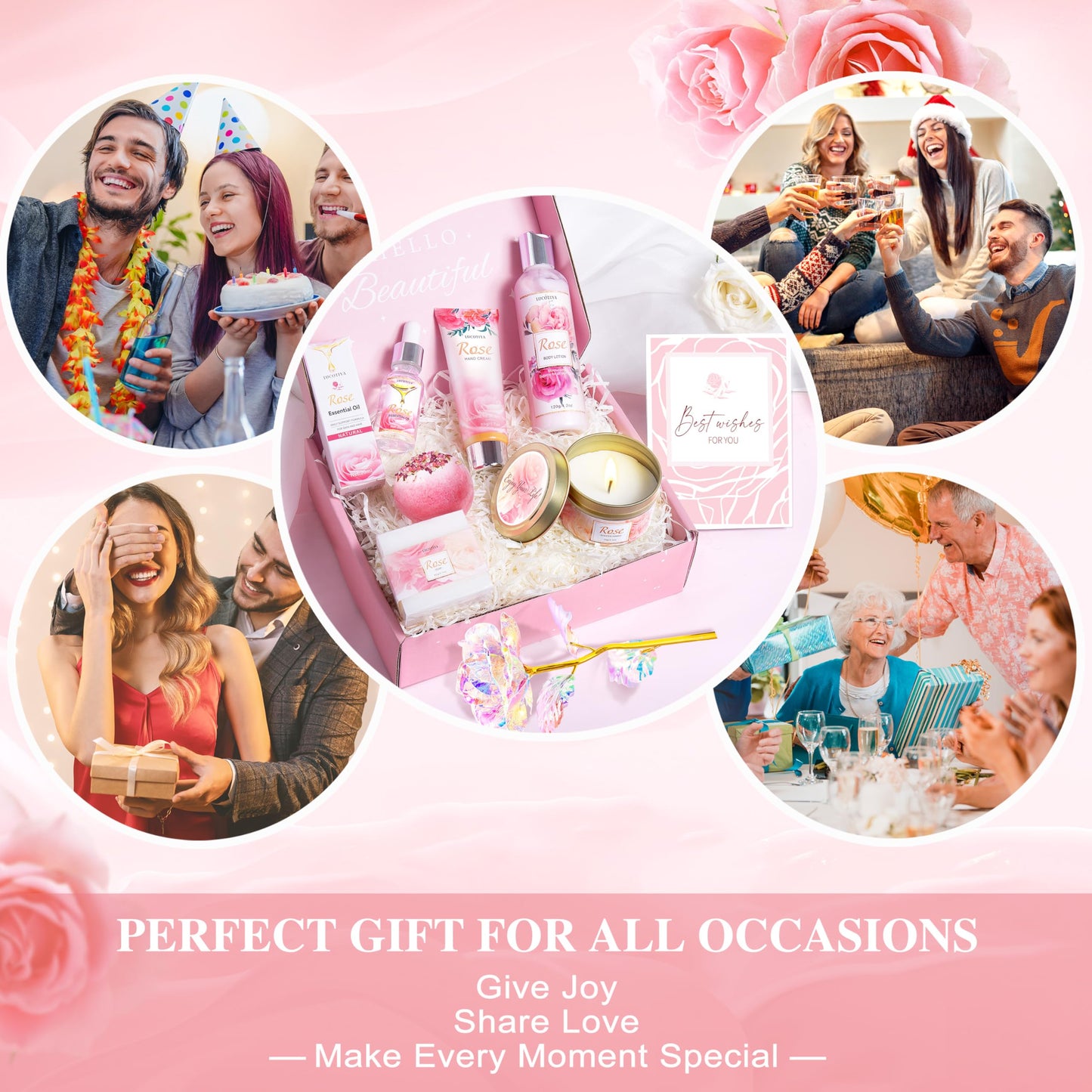 Gifts for Women, Happy Birthday Gifts for Women, Mothers Day Bath and Body Gifts for Woman with Unique Rose Self Care Gift, Home Spa Gift Basket for Mom, Girlfriend, Sister, Female Friends, Coworker