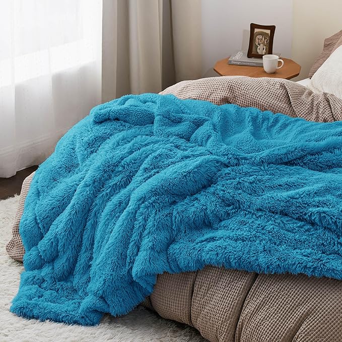 Bedsure GentleSoft Fluffy Bright Blue King Size Blanket for Bed, Thick Soft Sherpa Faux Fur Fleece Bedding Fuzzy Plush Winter Warm Heavy Large King Blanket, Cozy Blue Gifts for Men Women, 108x90