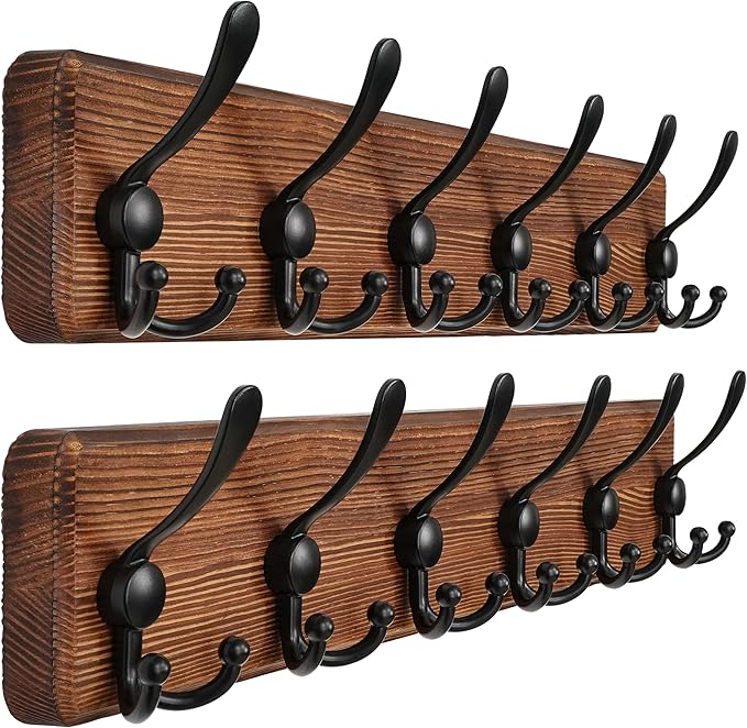 Dseap Coat Rack Wall Mounted - 24" Long 6 Tri Hooks, Heavy Duty Wooden Wall Coat Hanger Coat Hook for Clothes Hat Jacket Clothing, Natural and Black, Pack of 2