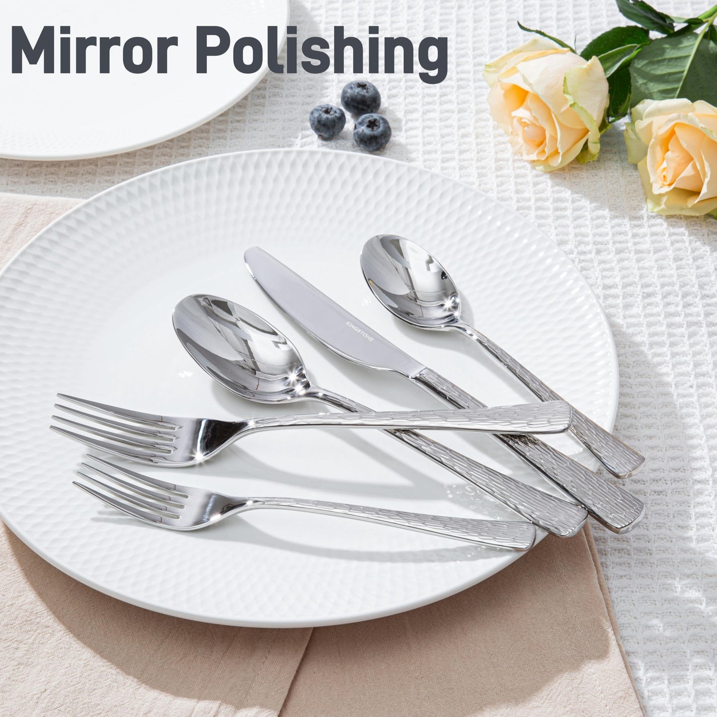 KINGSTONE Hammered Silverware Set, Flatware Set with Serving Utensils, 18/10 Stainless Steel Premium Cutlery with Unique Ripple Handles Design Mirror Polished - Dishwasher Safe (45-Piece)