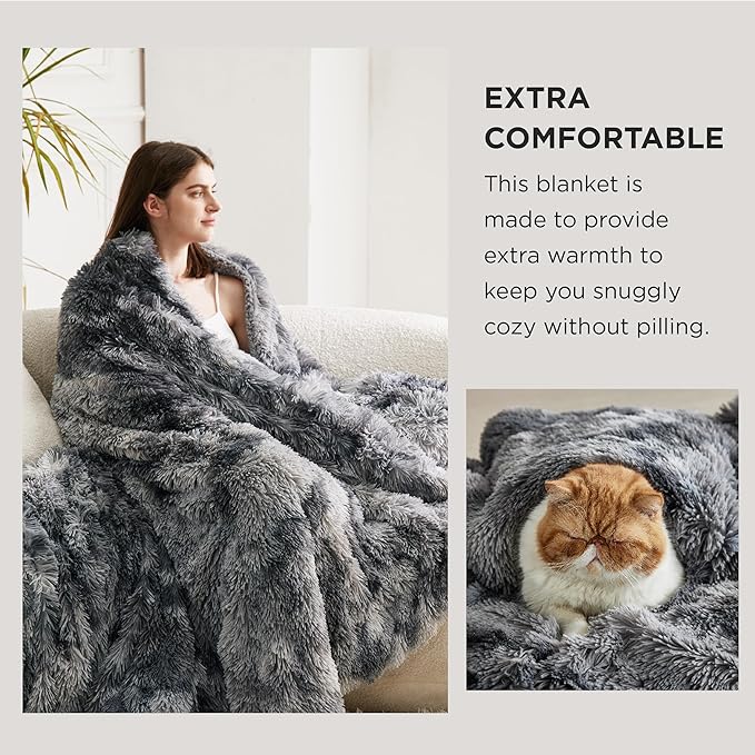 Bedsure GentleSoft Fluffy Sherpa Fleece Faux Fur Blankets Queen Size for Bed, Bedroom Decor Winter Bedding Thick Warm Full Queen Blankets, Fuzzy Plush Soft Heavy Mink Cozy Gifts, Tie Dye Grey, 90x90
