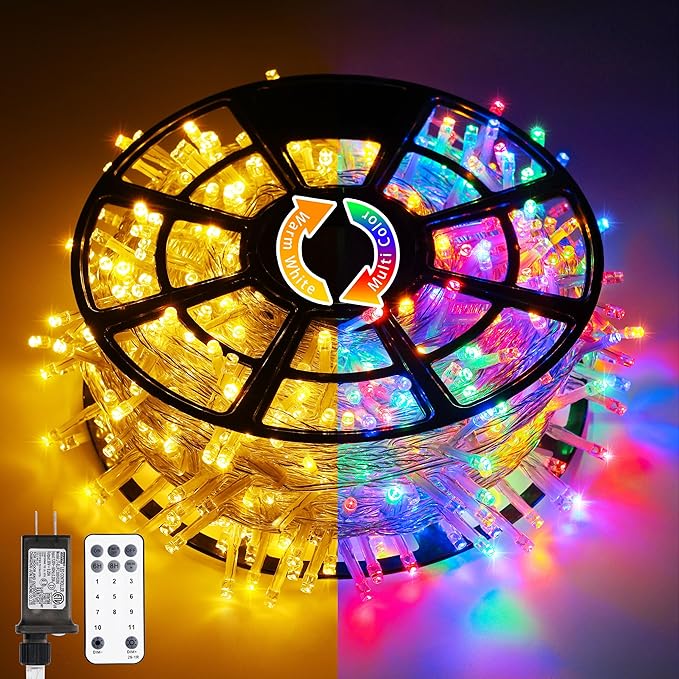 JMEXSUSS 600 LED Color Changing String Lights Plug in, 168FT Warm White & Multicolor Christmas Lights with Remote, Christmas String Lights Outdoor Waterproof Clear Wire for Tree Xmas Decor