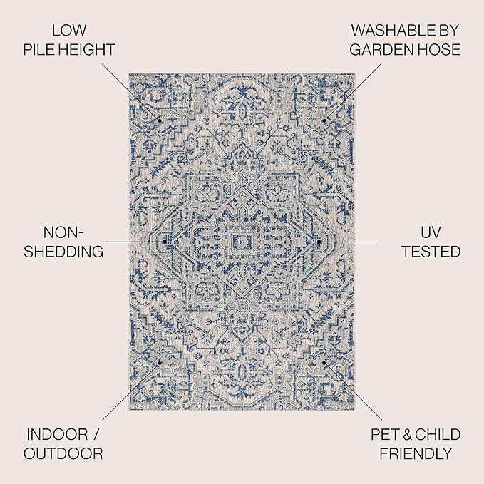JONATHAN Y SMB105B-6R Estrella Bohemian Medallion Textured Weave Indoor/Outdoor Area Rug, Coastal, Traditional, Vintage for Bedroom, Kitchen, Living Room, Easy-Cleaning, Navy/Gray, 6' Round
