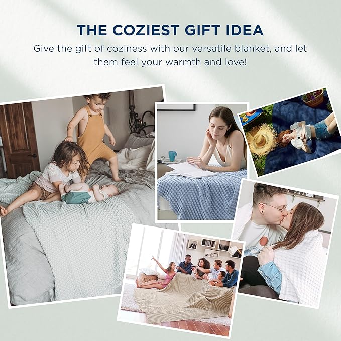 Bedsure Cooling Cotton Waffle Full Size Blanket - Lightweight Breathable Blanket of Rayon Derived from Bamboo for Hot Sleepers, Luxury Throws for Bed, Couch and Sofa, Fog Blue, 80x90 Inches