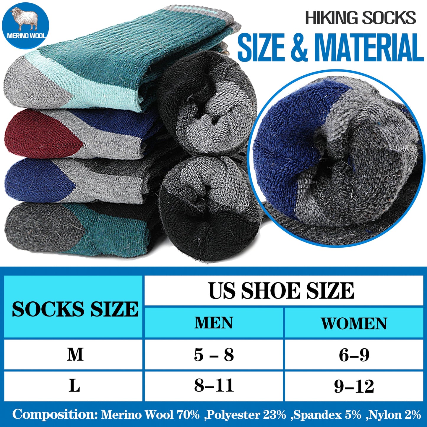 Merino Wool Hiking Socks for Men Warm Thermal Winter Cozy Work Crew Socks Gifts Stocking Stuffers 5 Pairs (Dark Pinstripes A,L)