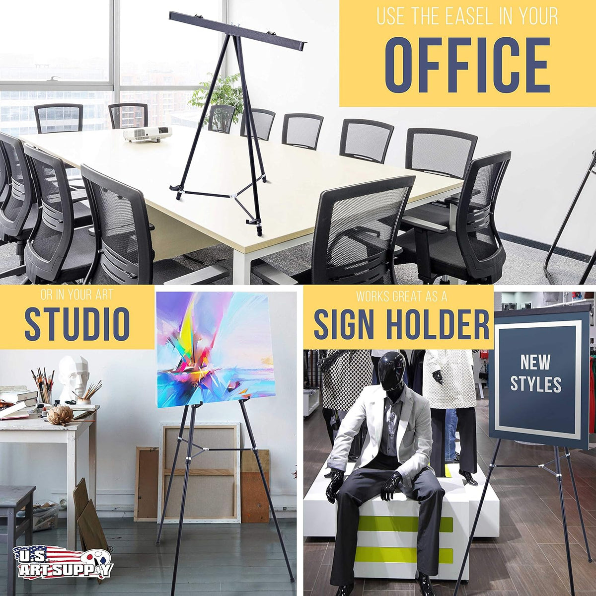 U.S. Art Supply 66" High Boardroom Black Aluminum Flip Chart Easel & Presentation Stand (10 Pack) - Adjustable Floor/Tabletop, Portable Tripod, Holds 25 lbs., for Chart Paper, Poster Boards, & Pads