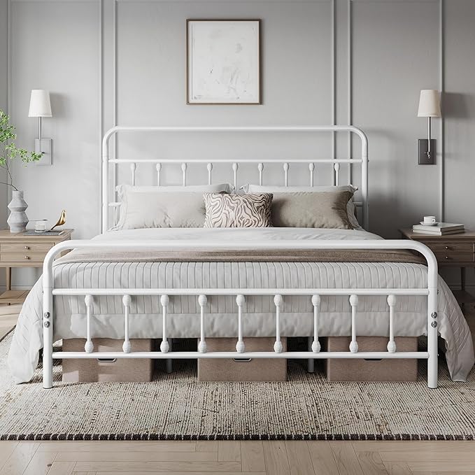 Yaheetech Classic Metal Platform Bed Frame Mattress Foundation with Victorian Style Iron-Art Headboard/Footboard/Under Bed Storage/No Box Spring Needed/King Size White