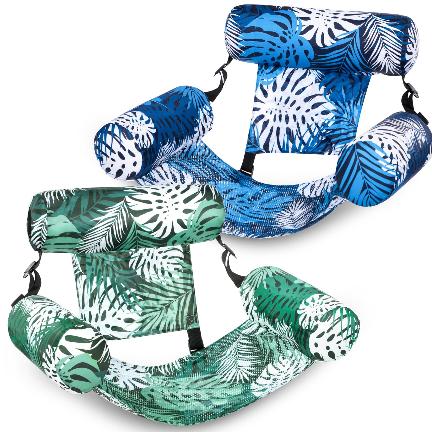 Sloosh Pool Floats Adult, 2 Packs Inflatable Pool Lounge Chairs,Blow up Hammock Pool Noodles Floats for Adults,Floating Water Chair for Pool Party Lake River Water Fun(Tropical Leaves-Green,Blue)