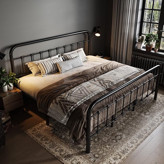 Allewie King Size Metal Platform Bed Frame with Victorian Style Wrought Iron-Art Headboard/Footboard, No Box Spring Required, Black