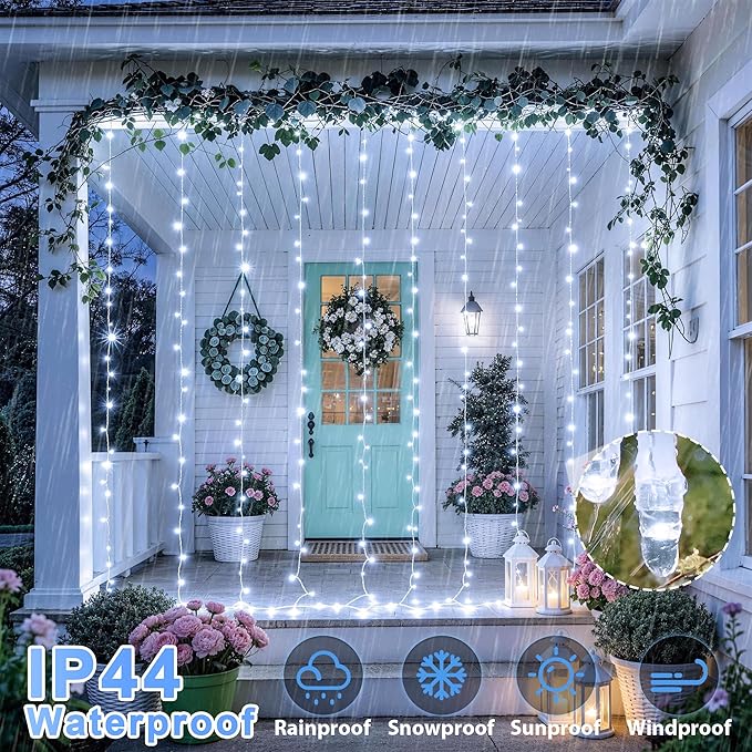 JMEXSUSS 300 LED 9.8x9.8Ft Curtain Lights Indoor with Remote, White Christmas Lights Plug in, 8 Modes White String Lights for Bedroom Wall Wedding Reception Dorm Party Backdrop Window Outdoor Decor
