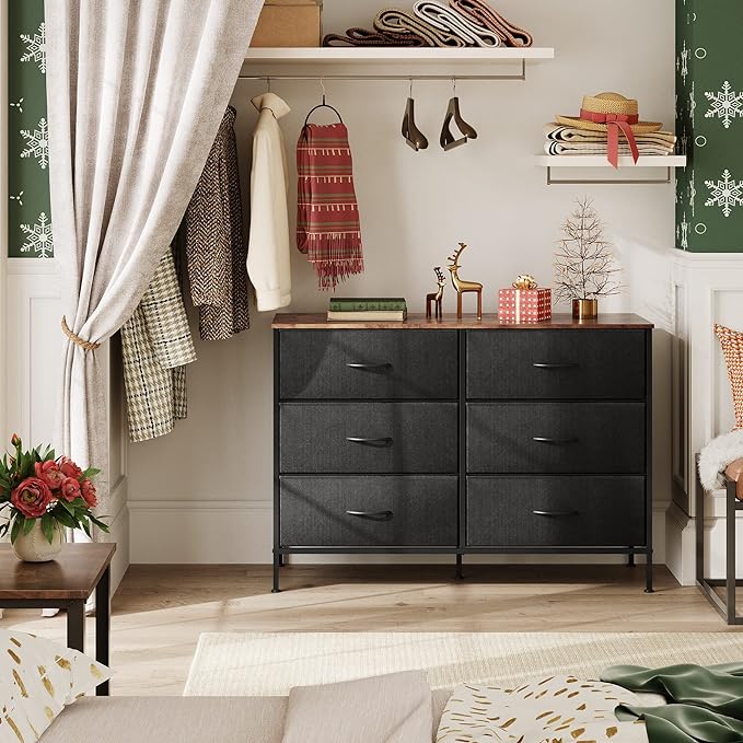 WLIVE Wide Dresser with 6 Drawers, TV Stand for 50 Inches TV, Entertainment Center with Metal Frame, Wooden Top, Fabric Storage Dresser for Bedroom, Hallway, Entryway, Black and Rustic Brown