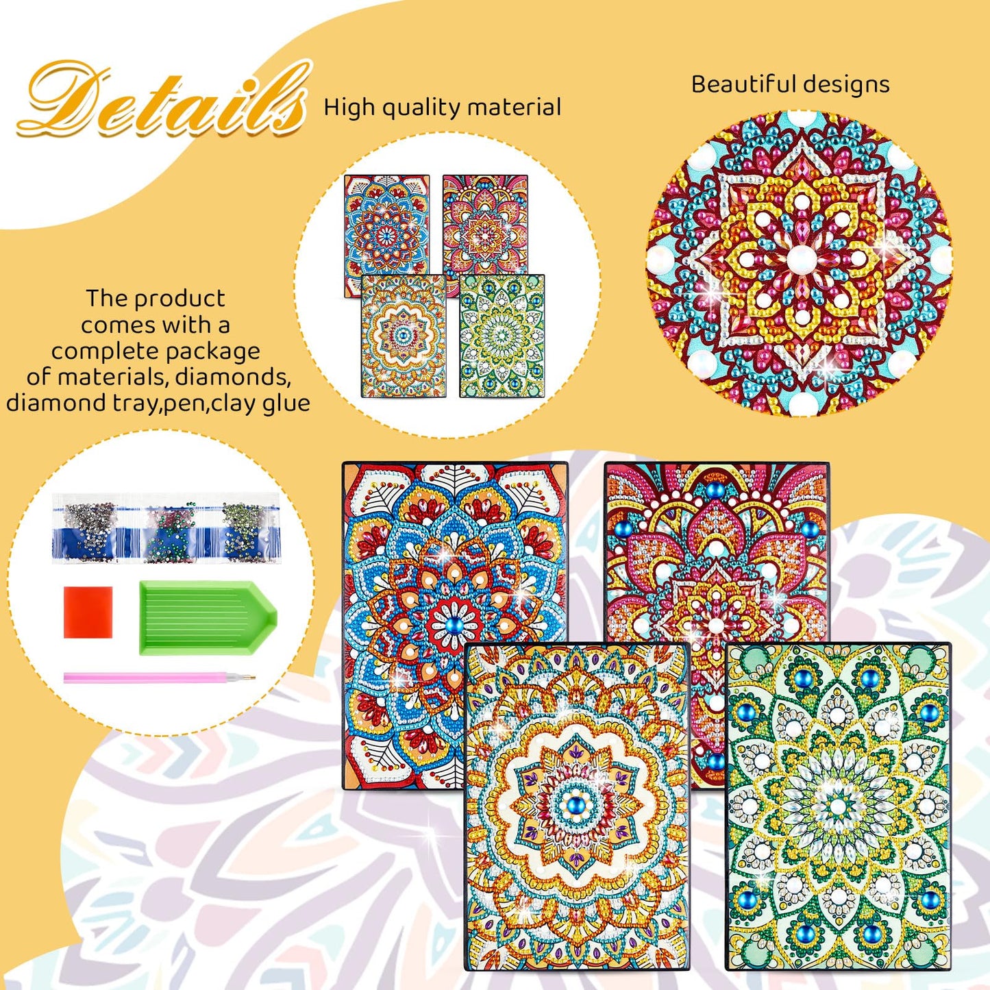 Fulmoon 4 Pcs A5 Diamond Painting Notebook Kits with Tools 5.8 x 8.3 Inch DIY 5d Art Cover Crystal Sketchbook Notepad for Teenagers' Birthdays, Graduation Crafts Gift Drawing Painting(Mandala Style)