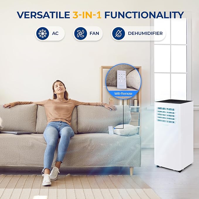 SereneLife Small Air Conditioner Portable 10,000 BTU with Built-in Dehumidifier - Portable AC unit for rooms up to 450 sq ft - WiFi app + Remote Control, Window Mount Exhaust Kit