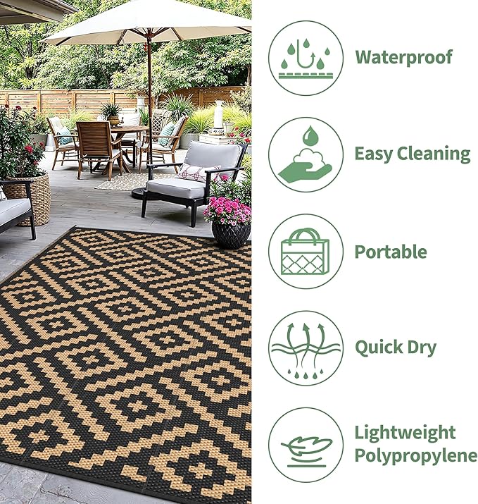 Outdoor Rug for Patio - Waterproof Plastic Straw Camping Rugs 5x8 ft, Reversible Outdoor Indoor RV Mat Carpet for Patio, Porch, Deck, Balcony, Picnic, Beach, Black Brown