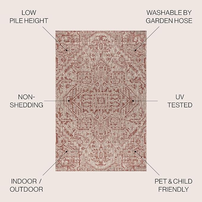 JONATHAN Y SMB105A-6R Estrella Bohemian Medallion Textured Weave Red/Taupe 6' Round Indoor/Outdoor Area Rug, Pet Friendly, Non-Shedding, Stain Resistant, Easy-Cleaning for Backyard, Patio, Porch