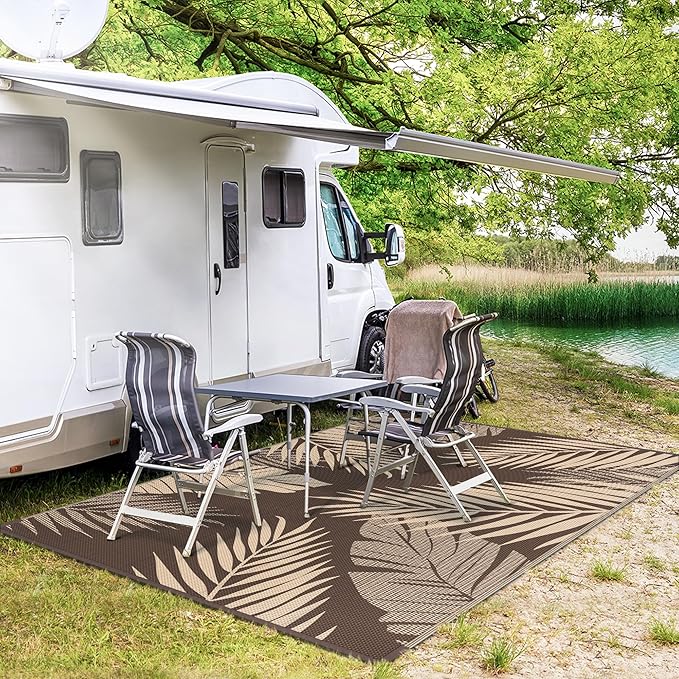 GENIMO Outdoor Rug 9' x 12' Waterproof for Patios Clearance, Reversible Outdoor Plastic Straw Camping Rug Carpet, Large Area Rugs Mats for RV, Camper, Deck, Balcony, Porch, Beach, Picnic, Coffee&Beige