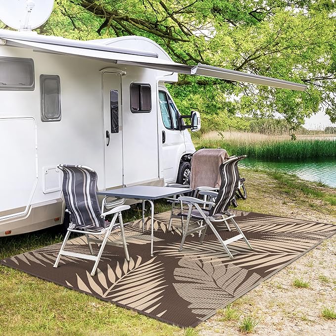 GENIMO Outdoor Rug 8' x 10' Waterproof for Patios Clearance, Reversible Outdoor Plastic Straw Camping Rug Carpet, Large Area Rugs Mats for RV, Camper, Deck, Balcony, Porch, Beach, Picnic, Coffee&Beige