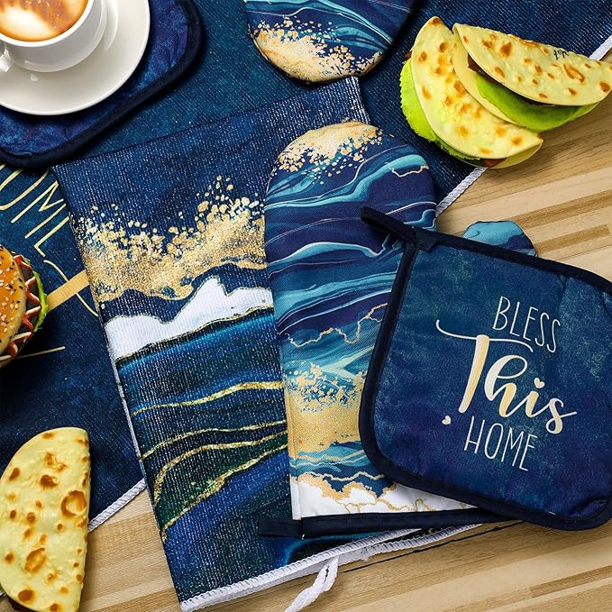Bencailor 6 Pcs Marble Kitchen Decor Gold Pot Holders Oven Mitts 2 Dish Towels 2 Farmhouse Cooking Mittens Oven Glove and Potholder for Baking Cooking Grilling Supply Accessories(Blue)