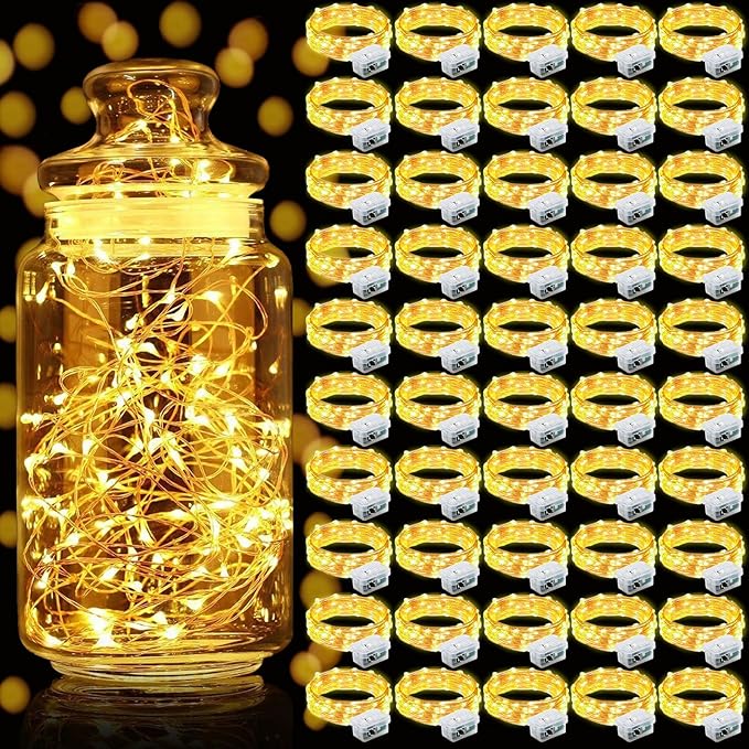 Aogist 50 Pack Fairy Lights 3 Modes 7ft 20 LED Waterproof,Battery Operated Silver Wire Firefly Starry Moon Mini String Lights for Mason Jars Christmas DIY Crafts Wedding Party Bedroom,Yellow
