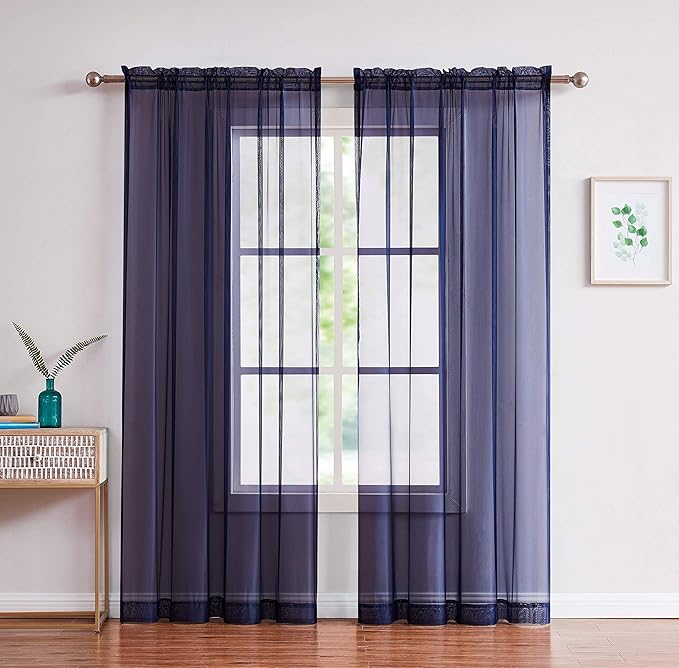 LINENZONE Pair of 2 Rod Pocket Short Window Treatments. Great Farmhouse Style Sheer Curtains for Living Room, Bedroom, Dining Room, Patio or Canopy Bed. (Amazing Sheers - 56" W x 63" L, Blue Navy)