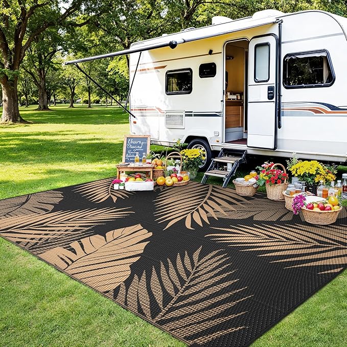 Outdoor Rug 10' x 14' for Patio Waterproof Clearance, Reversible Indoor Outdoor Plastic Straw Camping Rug Carpet, RV Mat, Large Area Rug for Deck, Backyard, Balcony, Porch,Beach,Black and Brown