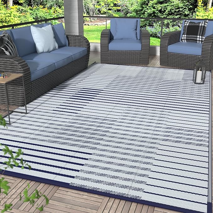 GENIMO Outdoor Rug for Patio Clearance, 6'x9' Waterproof Camping Mat, Reversible Plastic Straw Rugs for RV, Camper, Balcony, Backyard, Picnic, Deck (Blue&White)