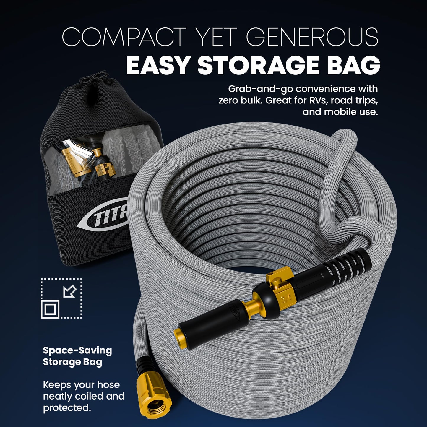 TITAN Flexible Garden Hose 50FT – Ultra Lightweight, Heavy Duty Water Hose with Brass Fittings & Jet Nozzle – Kink-Free, Non-Expanding, Durable Fabric Hose for Yard, Lawn, Car Wash, Outdoor Use