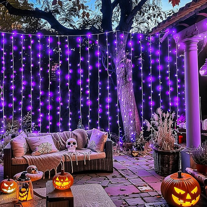 JMEXSUSS 300LED Purple Christmas Lights with Remote, Curtain Hanging Light Plug in, 8 Modes Purple String Lights for Bedroom Window Wall Party Backdrop Halloween Christmas Carnival Decorations