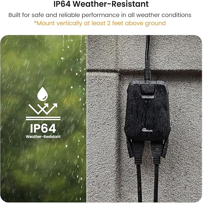TREATLIFE Outdoor Wireless Remote Control Outlet, 2-in-1 Individual Control Sockets, IP64 Weather-Resistant Electrical Outlet Switch, Heavy Duty 3-Prong Plug, Max Power 1800W, Battery Included