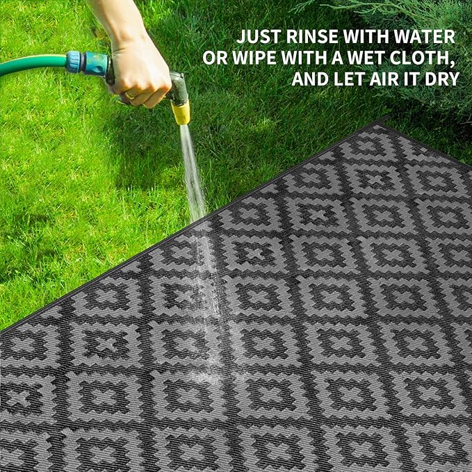 Outdoor Patio Plastic Straw Rug - 6'x9' Outdoor Camping Rug Waterproof Reversible, Area Carpet Patios Clearance RV, Outside Porch Balcony Deck for Camper, Black & Grey