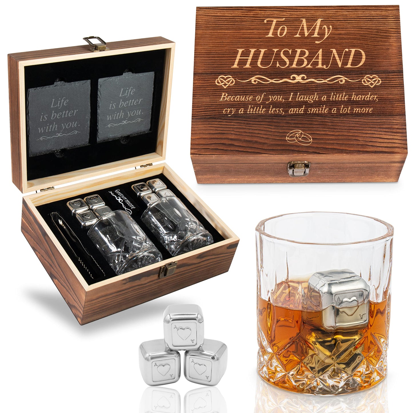 Anniversary For Him ‘To My Husband’ Engraved Whisky Glass Gift Set | Romantic Present for Husband | Unique Wedding - Birthday or Anniversary Idea