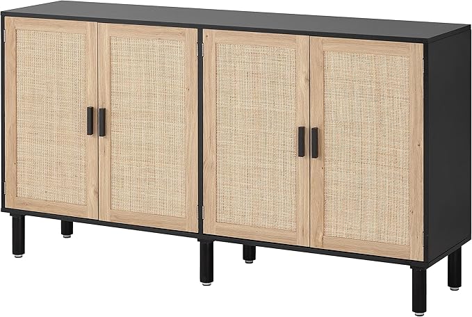 Finnhomy 4 Door Sideboard Buffet Cabinet, Kitchen Storage Cabinet with Rattan Decorated Doors, Cupboard Console Table, Boho Accent Liquor Cabinet, Bar Cabient, 62.3X 15.7X 34.6 Inches, Black