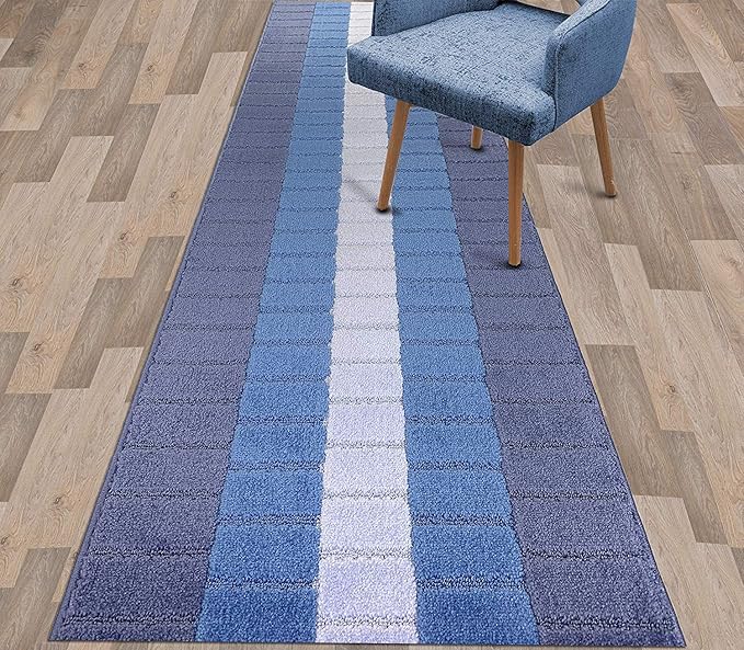 Custom Size Coastal Nautical Style Runner Rug Carpet for Hallway Entryway, Slip Resistant Latex Rubber Backed, 31 inch Wide X Customized Length, Squares Blue, 31 inch X 12 feet