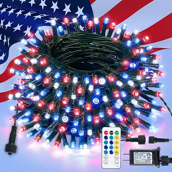 Hopolon Red White and Blue String Lights, 33 FT 100 LED Connectable 4th of July Patriotic Twinkle Lights with Remote,8 Modes Plug in Independence Day Light for Home Party Holiday Tree Xmas Decoration