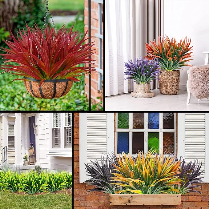 16pcs Artificial Plants Outdoor Flowers UV Resistant Fake Tall Grass Plants Faux Tropical Shrubs Plastic Greenery Bushes Front Porch Patio Garden Outside Decoration (Purple)