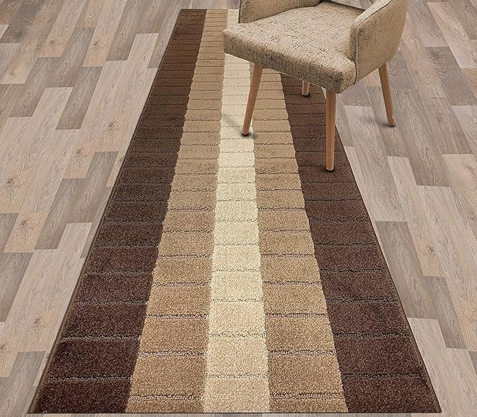 Custom Size Modern Geometric Pattern Carpet Runner Rug for Hallways, Slip Resistant Latex Rubber Backed, 31 inch Wide X Customized Length, Squares Brown, 31 inch X 9 feet