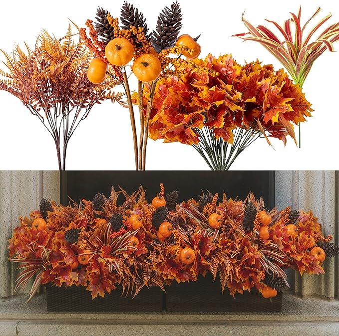 13pcs Outdoor Artificial Maple Leaf Pumpkin Branch with Berry and Maple Leave for Indoor Outside Hanging Plants Garden Porch Window Box Home Wedding Farmhouse Décor