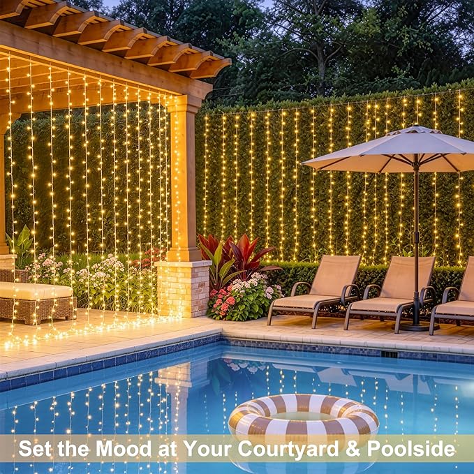 JMEXSUSS 900 LED Outdoor Curtain Lights, 9.5x29.5ft Christmas Lights Plug in with Remote, Twinkle Hanging String Light for Bedroom Wall Wedding Backdrop Window Gazebo Decor, Warm White