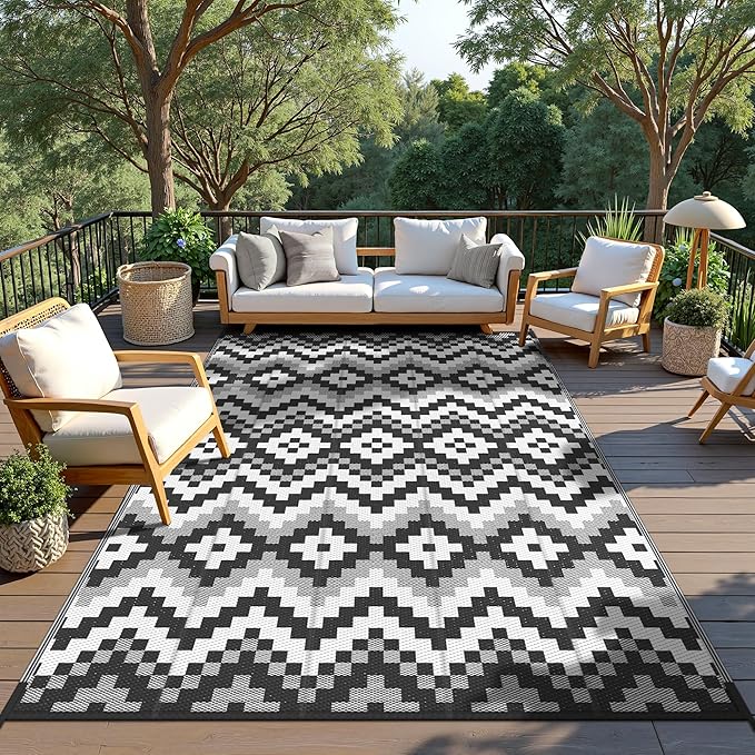 GENIMO Outdoor Rug Waterproof 8x10 ft, Lightweight Plastic Straw Rugs, Outside Reversible Large Mat Carpet for Patio, Camping, RV, Deck, Balcony, Porch, Backyard, Black & White