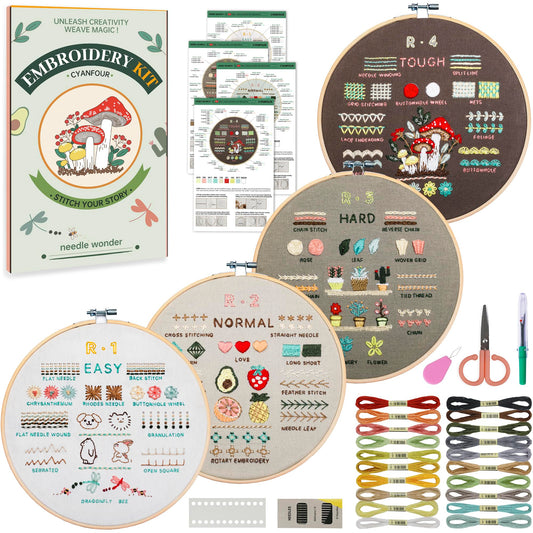 CYANFOUR Embroidery Kit for Beginners, 4 Stages to Learn 38 Stitches, with Step-By-Step Instructions and Clear Videos, Includes Multiple Accessories, Gift for Craft Lovers