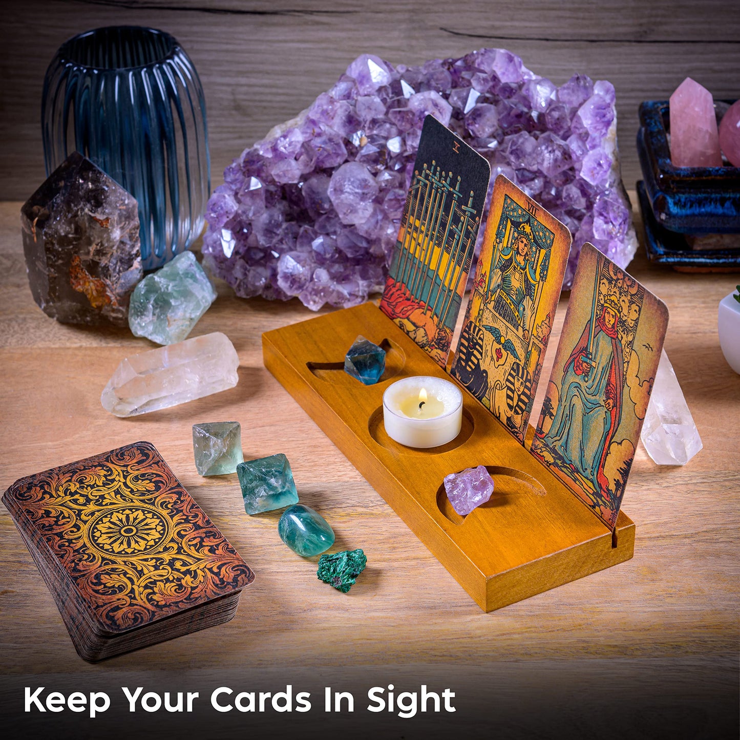 Curawood Tarot Card Holder Stand - Display Your Daily Draw - Witchy Gifts for Women, Tarot Accessories, Wiccan Altar Supplies, Witchcraft Decor, Divination Tools - 3-Card Stand with Etched Moon