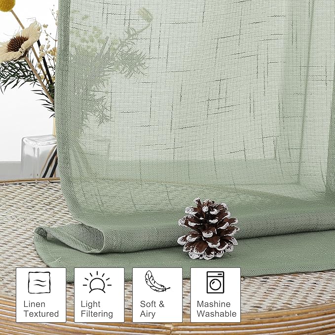 Aiyufeng Kirei 36 Inch Sage Green Linen Sheer Curtains - Faux Linen Semi Transparent Window Drapes Privacy UV Protection Short Curtains for Living Room, Home Office, Car, Kitchen, 30Wx36L, 2 Pcs