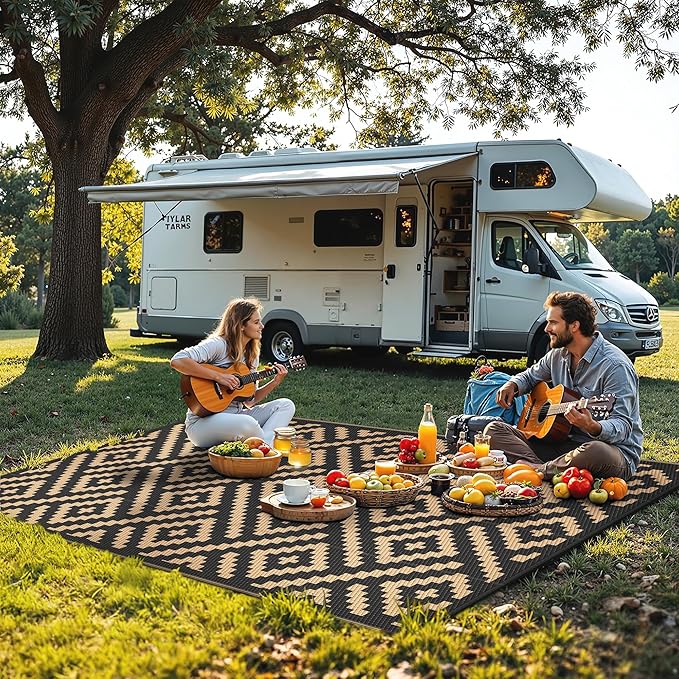 Outdoor Rug for Patio - Waterproof Plastic Straw Camping Rugs 9x12 ft, Reversible Outdoor Indoor RV Mat Carpet for Patio, Porch, Deck, Balcony, Picnic, Beach, Black Brown