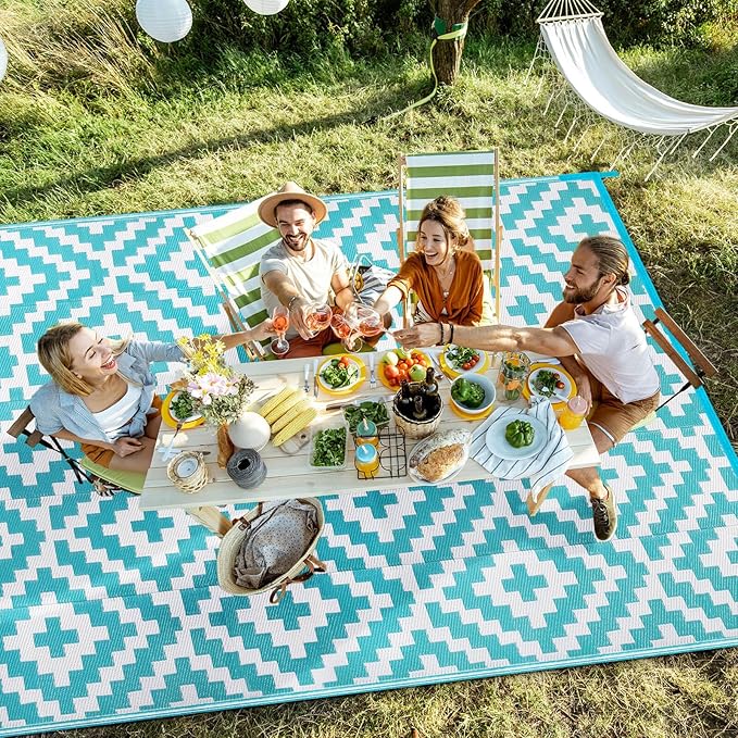 Outdoor Patio Plastic Straw Rug - 5'x8' Outdoor Camping Rug Waterproof Reversible, Area Carpet Patios Clearance RV, Outside Porch Balcony Deck for Camper, Blue & White