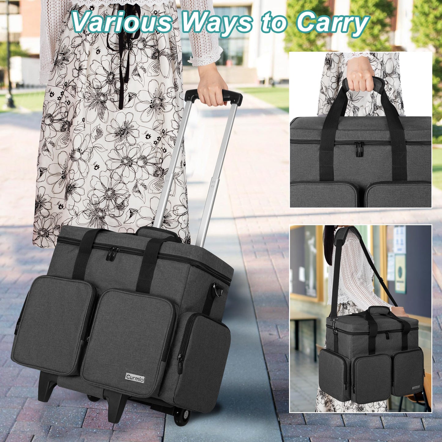CURMIO Rolling Teacher Tote Bag with Padded Laptop Compartment for up to 15.6 Inches Laptop, Wheeled Teacher Bag for Teaching, Office, Craft, Black